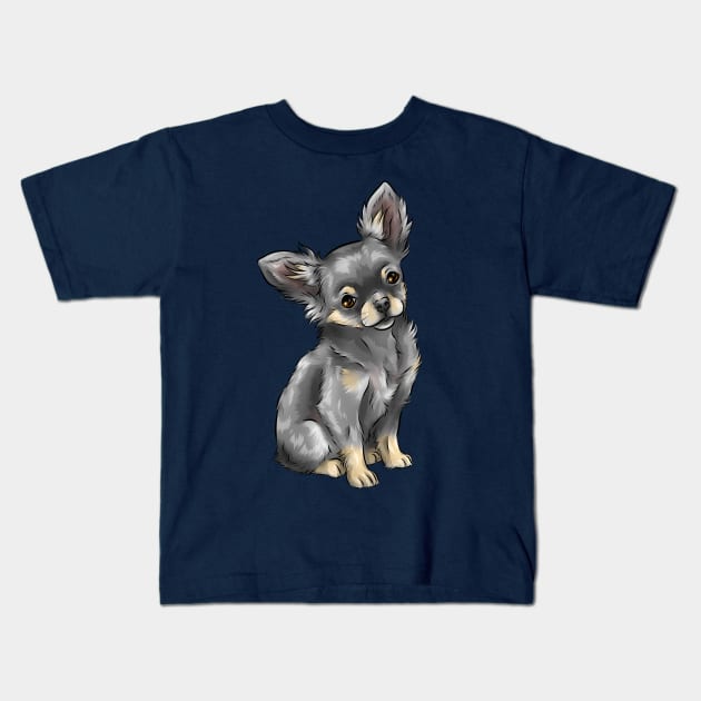 Long Haired Chihuahua | Blue and Tan | Cute Dog Art Kids T-Shirt by Shirin Illustration